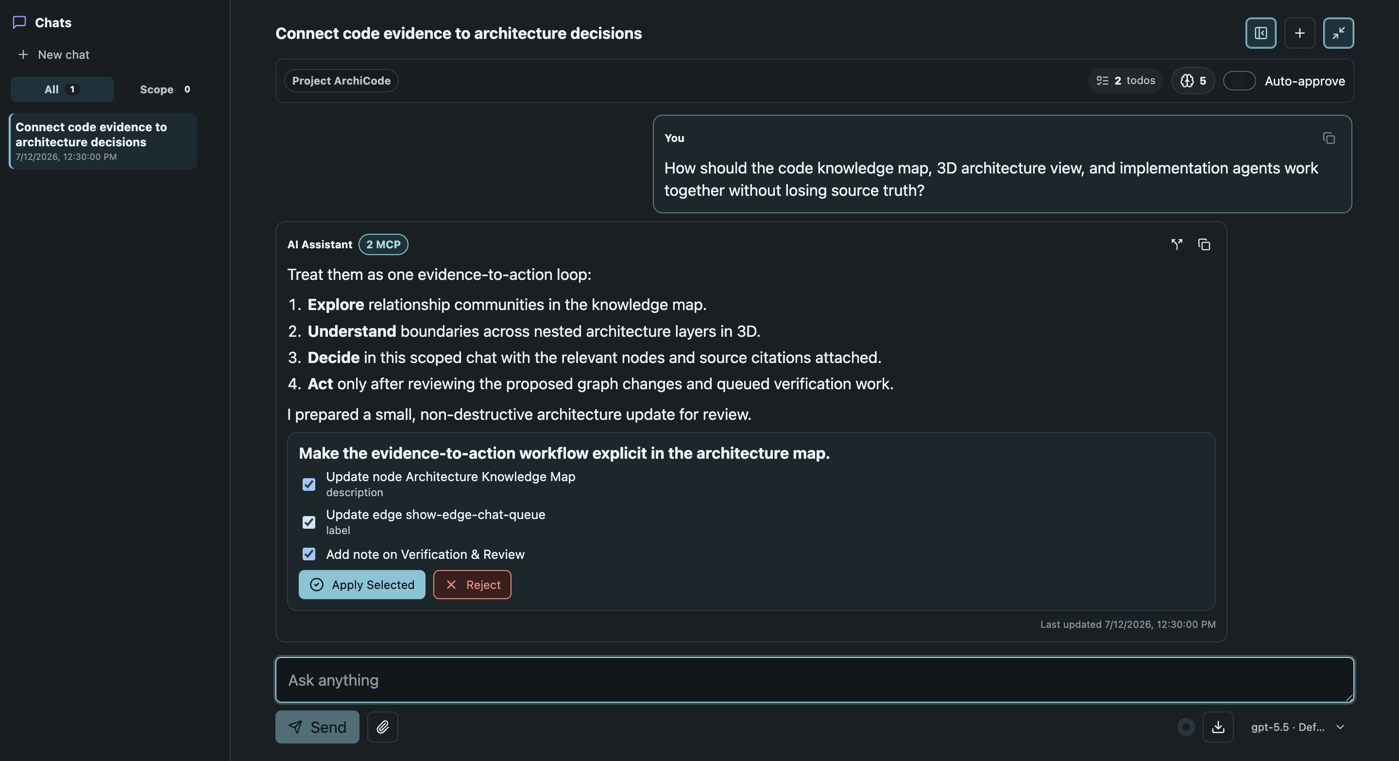 ArchiCode scoped Research chat with an evidence-backed architecture proposal